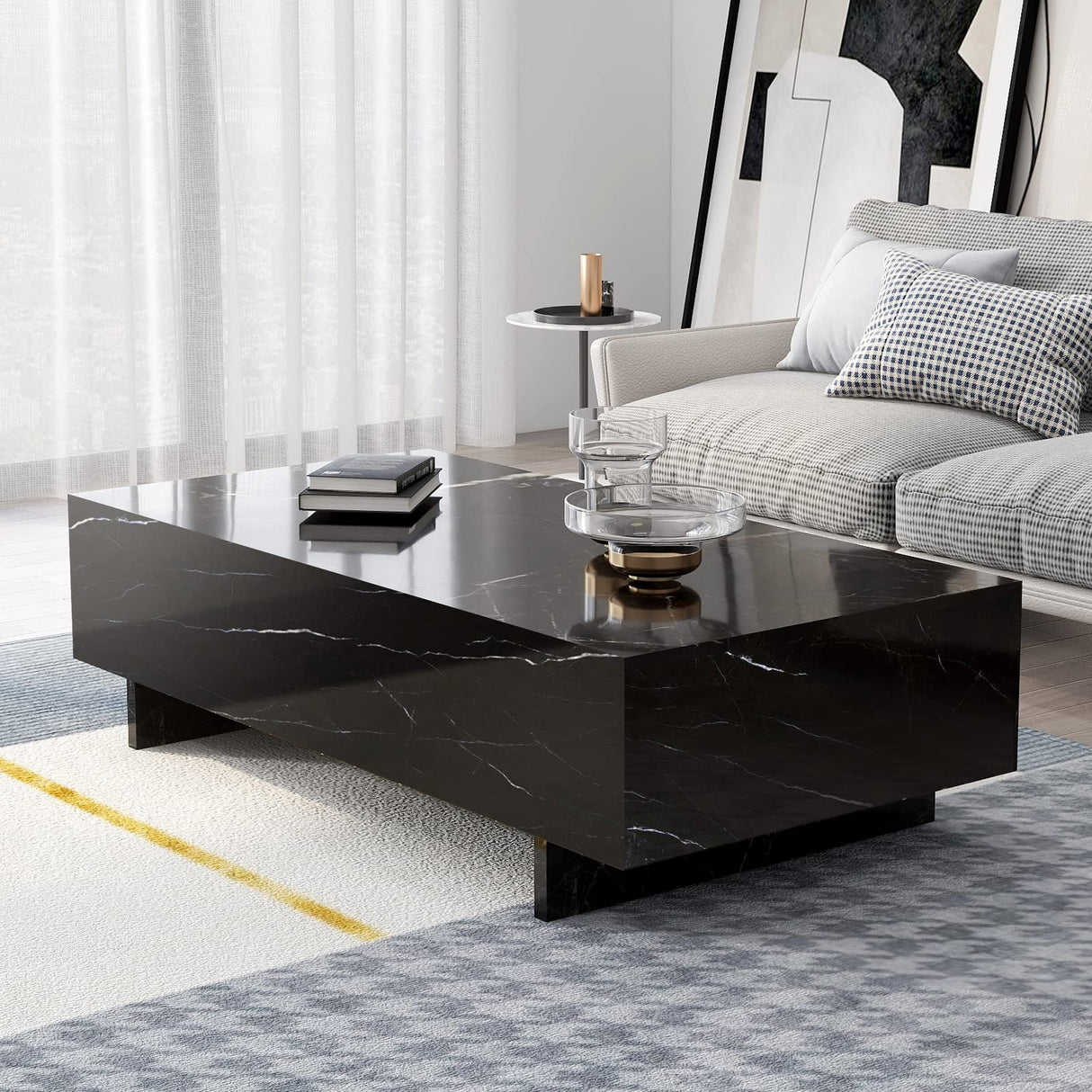 COSVALVE Marble Rectangle Coffee Tables for Living Room,Black Modern Side Table,Contemporary High Gloss Elegant Center Table for Waiting Area,41.3" Lx19.7 Wx13.8 H,Black COSVALVE