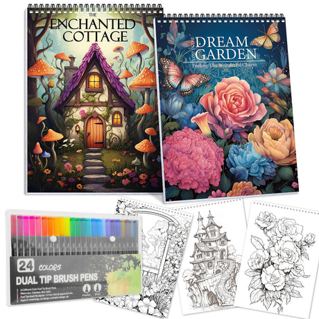 Adult Coloring Book for Women Relaxation, Spiral Bound Mindfulness Coloring Book with 24 Colors Markers, Anxiety Relief Gifts with 48 Patterns Include Dream Garden & Magic House Styles (2 Pack) apolyone