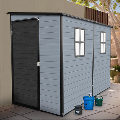 Shaical 4 x 8 FT Outdoor Storage Shed with Floor and 2 Windows, Lean to Resin Shed with Lockable Door, Plastic Sheds for Garden Tools, Bicycles, Trash Cans, Lawn Mower