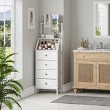 HIGDBFE Dresser with Mirror, 4 Drawers Dresser with 2-Tier Shelves, Freestanding Fabric Chest of Drawers for Small Space, Tall Narrow Nightstand Vanity for Bedroom, Hallway, Dorm, White, 15.3" W HIGDBFE