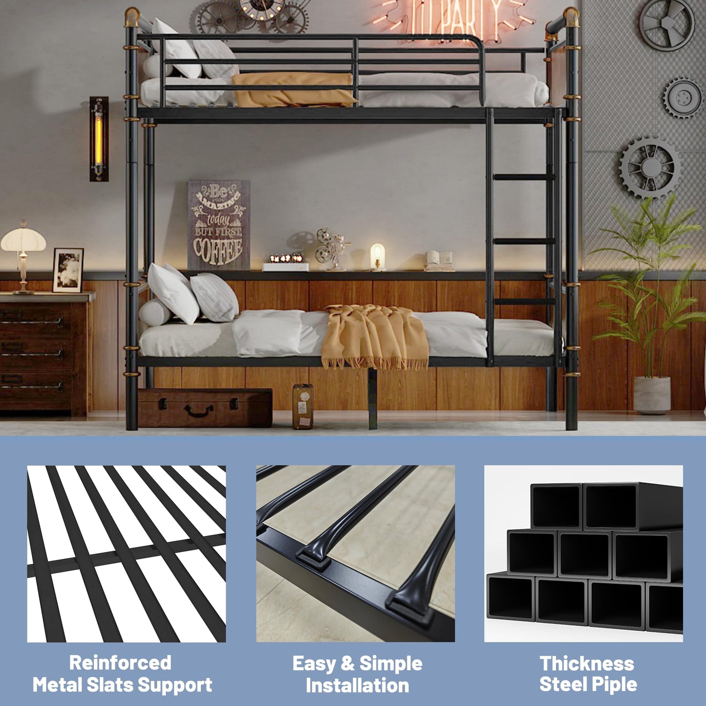 Twin XL over Twin XL Industrial Bunk Beds for Kids and Teens , Heavy-Duty 2 IN 1 Metal Convertible Bunk Bed with Ladder and Slats Support ,15.9" High Guard Rail,Space-Saving ,Noise Reduced,Black