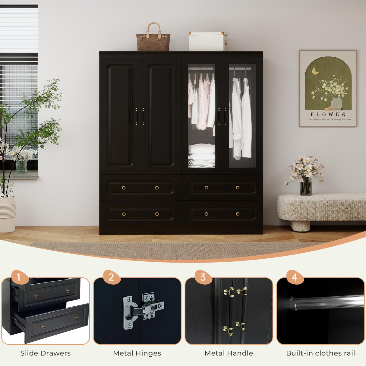 GraceGrove Armoire Wardrobe Closet with 4 Glass Doors and 4 Drawers, Armoire with Hanging Rods, Wood Armoire Closet Cabinet with Large Storage, Armoires and Wardrobes for Bedroom Black GraceGrove