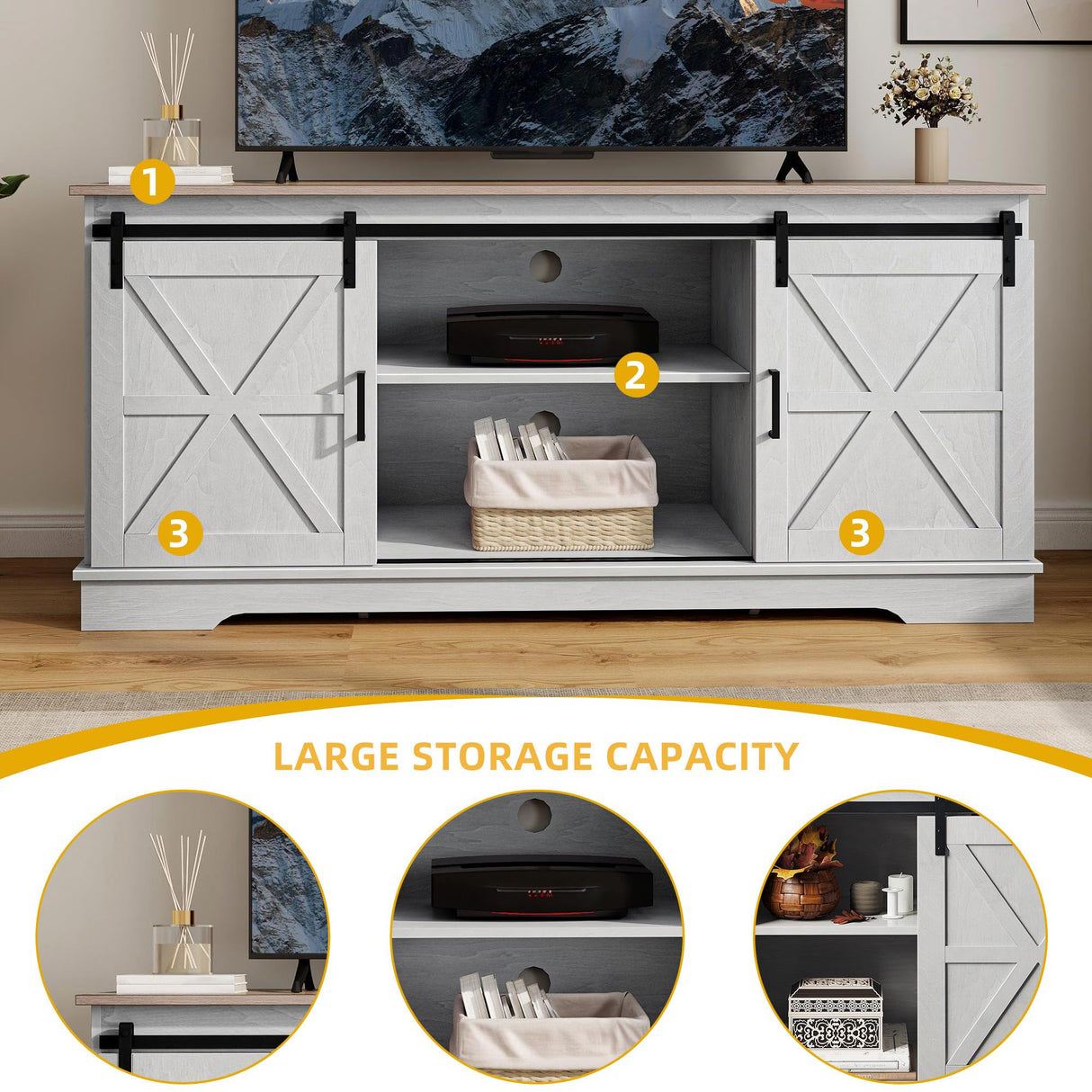 DWVO TV Stand for TVs up to 65 Inch, Farmhouse Entertainment Center with Storage Cabinets and Sliding Barn Doors, Rustic Media TV Console Table for Living Room, Grey White/Grey Wash DWVO