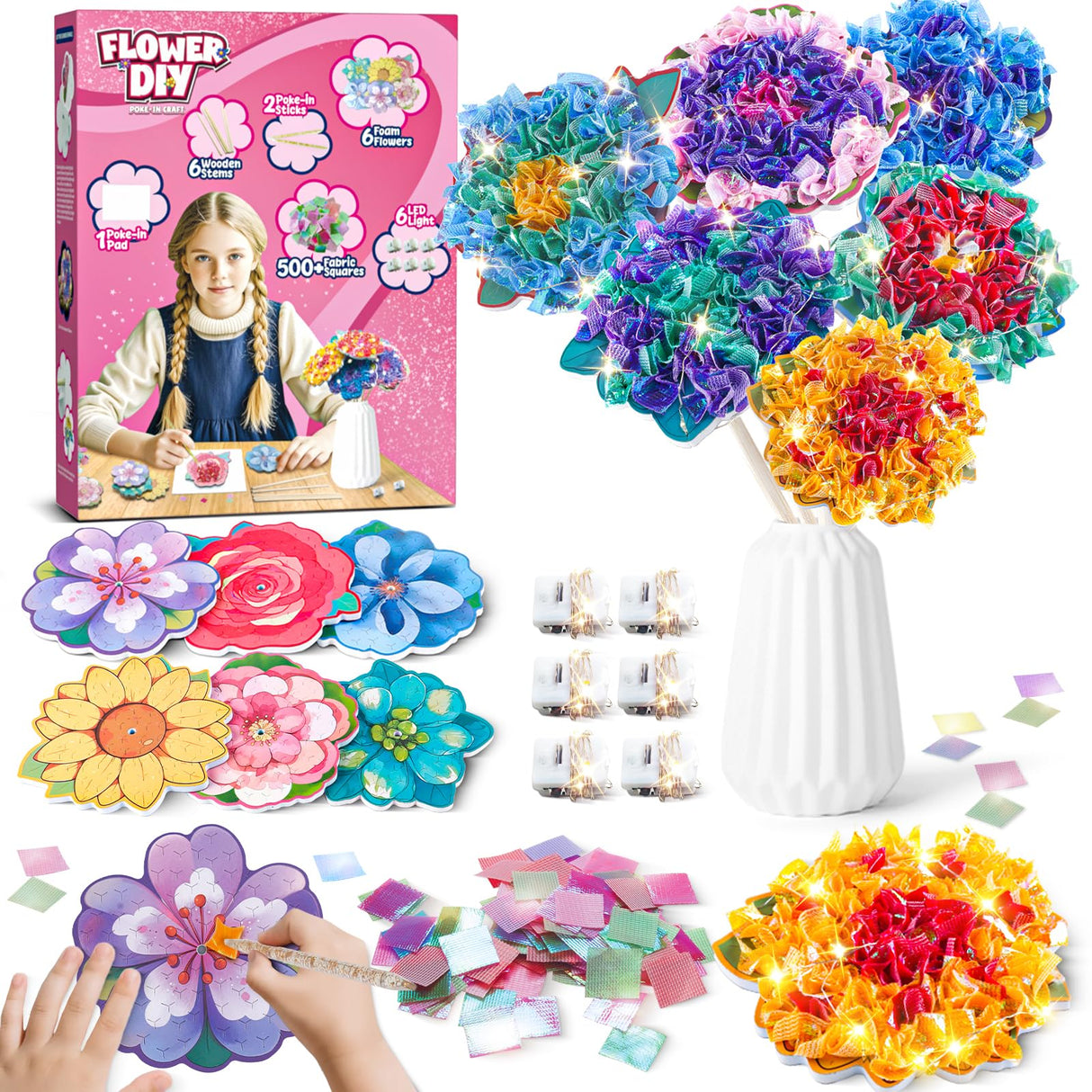 Flower Bouquet Art Craft Kit, Poke DIY Creative Activity Kit with with 6 Flowers & 6 Light Strings, Mess-Free Fun for Girls & Boys, Fun & Educational Kids Craft Gift for Girls Boys Ages 4, 5, 6, 7, 8+ Fortand