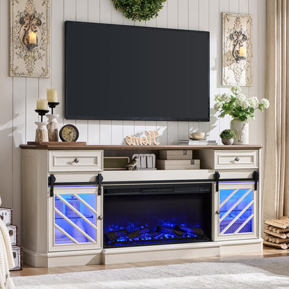 OKD 75” Fireplace TV Stand for 85 Inch TV, Farmhouse Highboy Entertainment Center with 36” Electric Fireplace, Modern Media Console Table with Drawers Storage&Cabinets for Living Room, Antique White