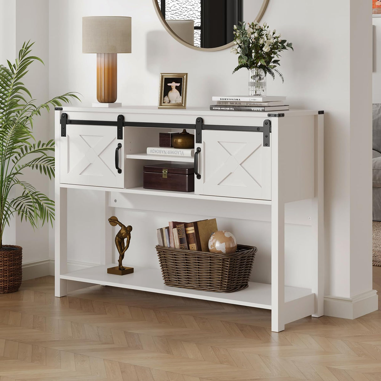 FansaFurn Console Table with Storage Shelf & Sliding Barn Door, Farmhouse Entryway Table with Storage, 46" Narrow Long Sofa, Behind Couch, Console Tables for Living Room (White) FansaFurn