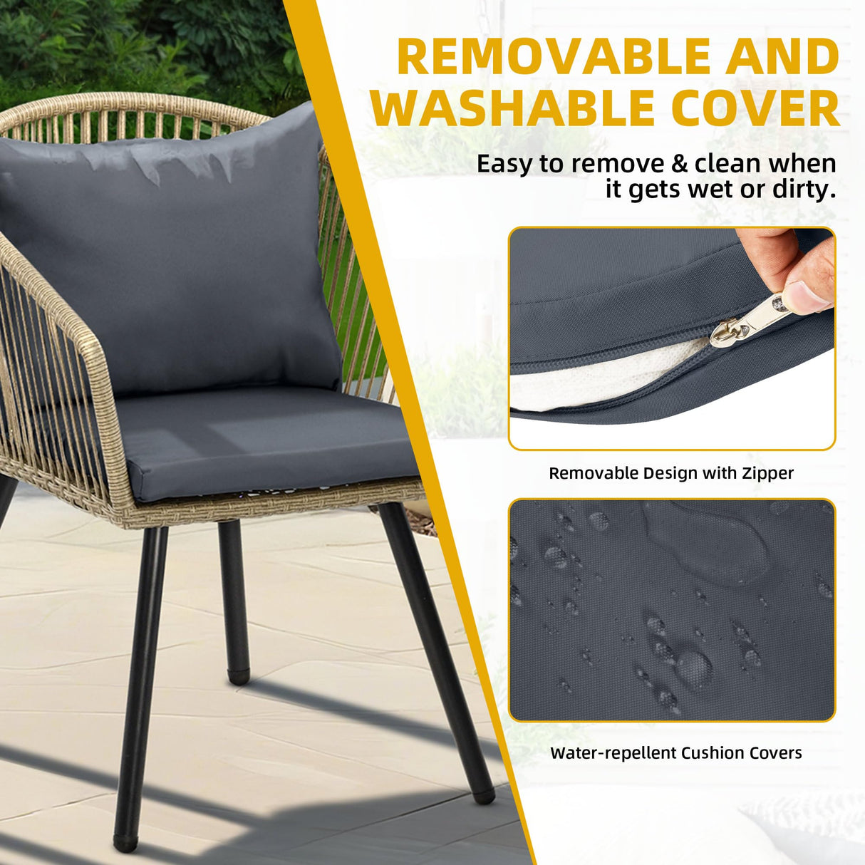 DWVO Bistro Table and Chairs Set of 2, Outdoor Patio Furniture Set with Cushion Chairs and Glass Table, Front Porch Furniture for Backyard, Deck, and Balcony, Gray DWVO