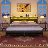 Homieasy Industrial King Size Bed Frame with Smart Charging Station and LED Lights Homieasy
