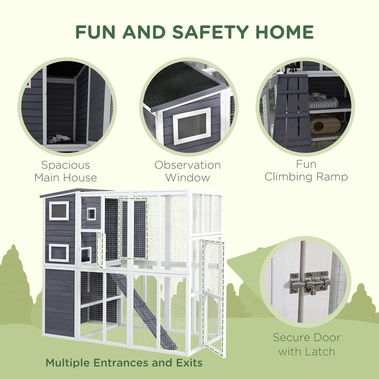 PawHut Outdoor Catio, Cat House Wooden Feral Cat Shelter, Cat Cage with Platforms, Waterproof Asphalt Roof, Ramps, 77" L, Light Gray PawHut