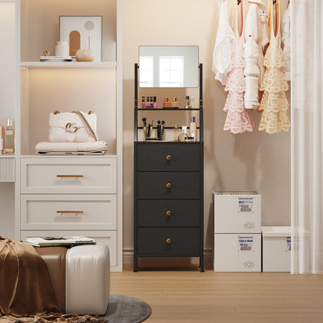 HIGDBFE Dresser with Mirror, 4 Drawers Dresser with 2-Tier Shelves, Freestanding Fabric Chest of Drawers for Small Space, Tall Narrow Nightstand Vanity for Bedroom, Hallway, Dorm, Black, 15.3" W HIGDBFE