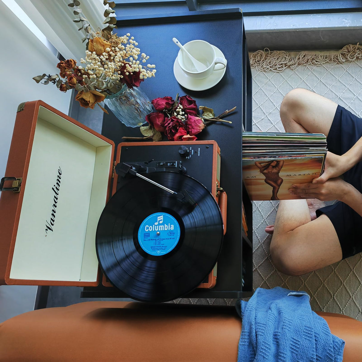 Record Player Stand with Vinyl Storage Holds Up to 300lb, Large Record Player Table Cabinet for Album Storage with Holder Vinyl Display Shelf, Wood Turntable Stand for Bedroom Living Room (Black) LKKRO