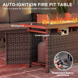 WELYAS Outdoor Patio Furniture Set with 44'' Fire Pit Table Sofa Chair Ottoman, 10 Pieces 9 Seat Oversize All Weather Rattan Classic Patio Conversation Sectional Set for Outside Porch Deck WELYAS