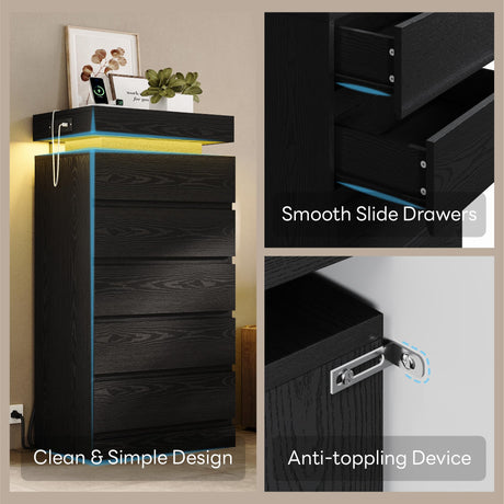 LIKIMIO 54" Tall 5 Drawer Dresser for Bedroom, Black Dresser with LED Light and Power Outlet, Wood Modern Chest of Drawers for Living Room, Entryway, Hallway LIKIMIO