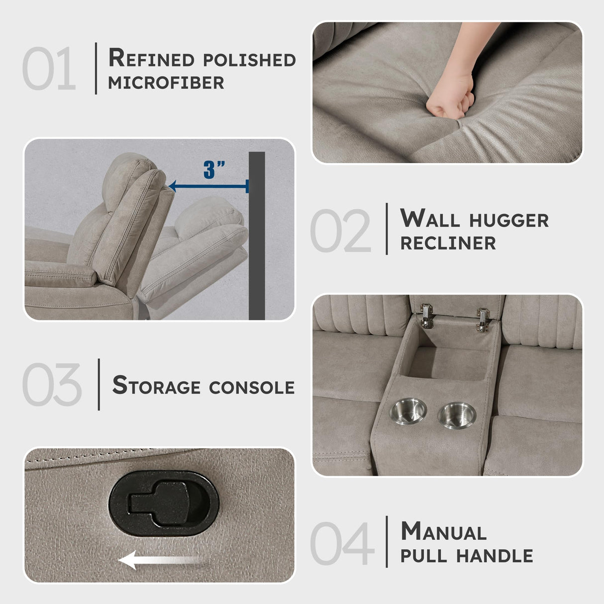 Lexicon Manual Double Reclining Loveseat, Polished Microfiber Manual Wall Hugger Loveseat Recliner for Living Room, Center Storage Console/Cup Holders, Easy Assembly, Dove Lexicon