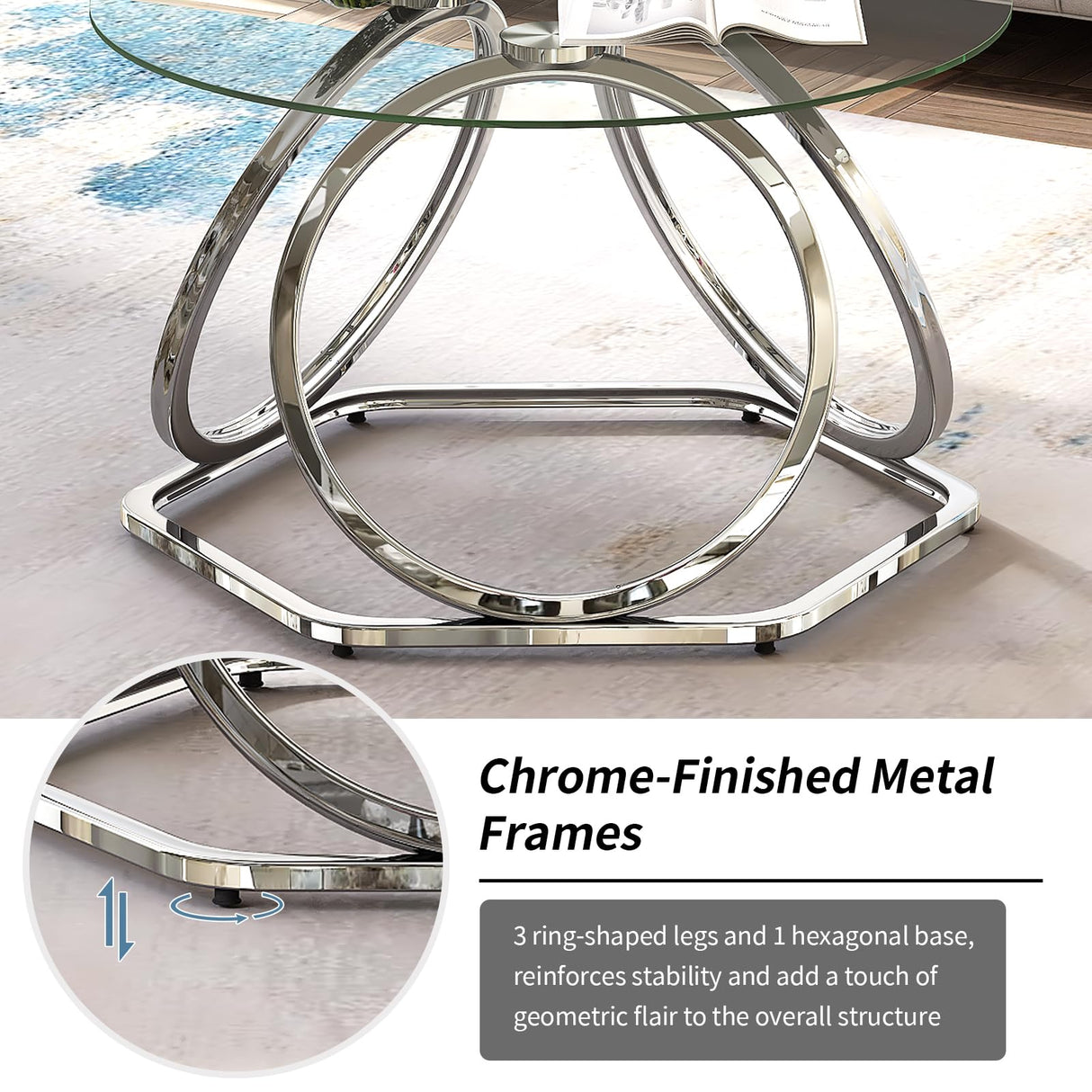 O&K FURNITURE Glass Coffee Table, Modern Silver Coffee Table Living Room Table with Hexagonal Base, Round Coffee Table for Home&Office, Chrome Finish, 1 PC O&K FURNITURE