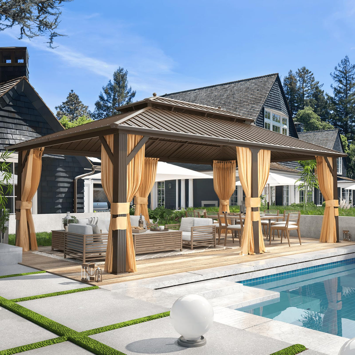 MELLCOM 12'x20' Hardtop Gazebo, Galvanized Steel Metal Double Roof Aluminum Gazebo with Curtain and Netting, Brown Permanent Pavilion Gazebo with Aluminum Frame for Patio, Lawn & Garden MELLCOM