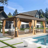 MELLCOM 12'x20' Hardtop Gazebo, Galvanized Steel Metal Double Roof Aluminum Gazebo with Curtain and Netting, Brown Permanent Pavilion Gazebo with Aluminum Frame for Patio, Lawn & Garden MELLCOM