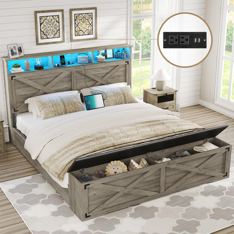 DICTAC Farmhouse Bed Frame Queen Size with Storage Headboard, Charging Station and Ottoman Rustic Queen Platform Bed Frame with Led Lights,Metal Slats Support,No Box Spring Needed,Oak Gray DICTAC