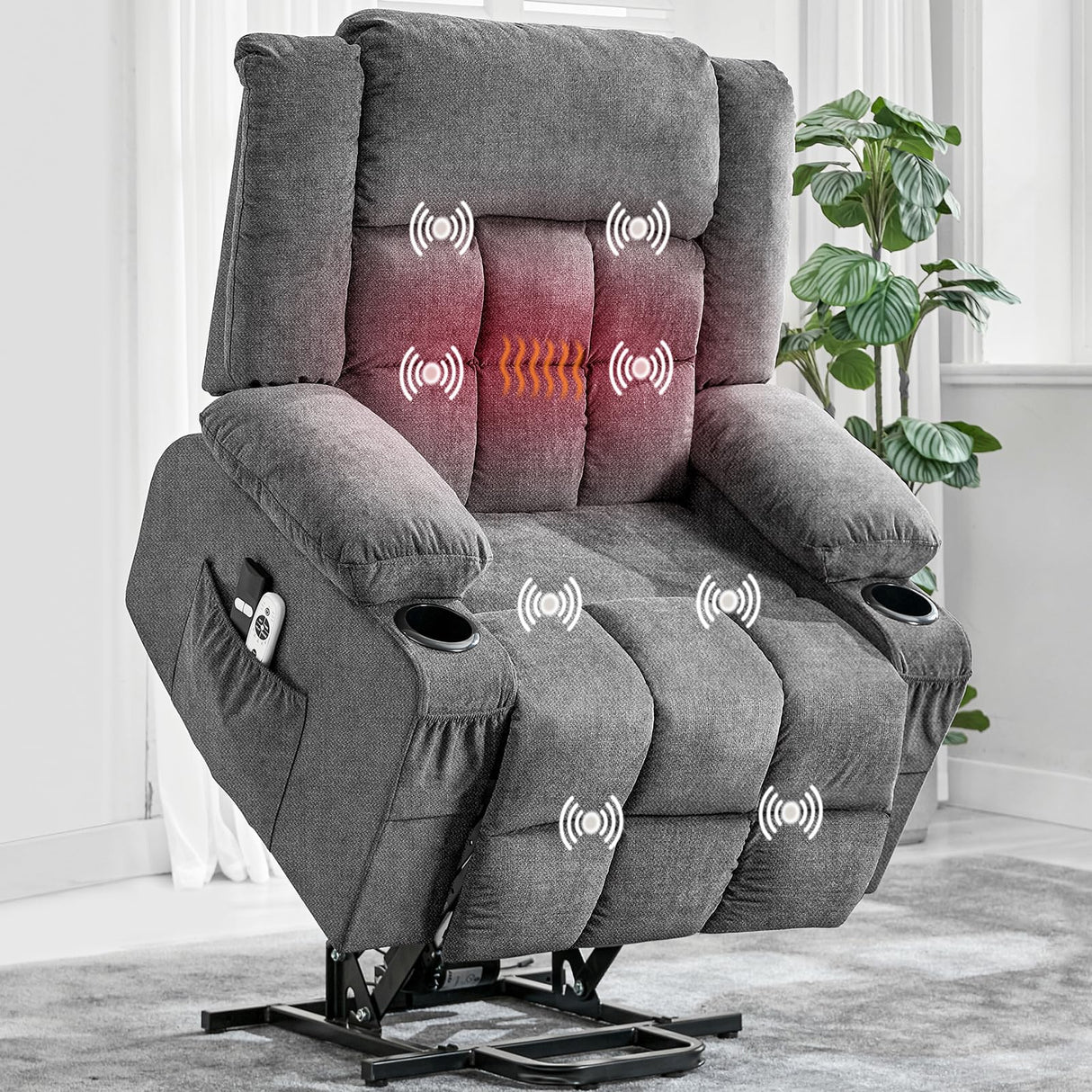 Large Power Lift Recliner Chair for Elderly Wide Electric Lift Chair with Massage and Heat for Big and Tall Adults Reclining Sofa Chair with Remote Control, Cup Holders, Side Pockets, USB Port, Gray WARMTOBABY