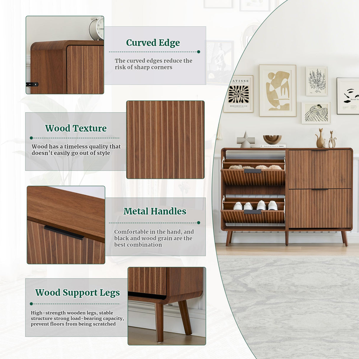 47" Fluted Large Shoe Cabinet with 4 Flip Drawers, Slim Freestanding Shoe Cabinet Organizer, Narrow Shoes Storage Rack for Entryway, 5 Sturdy Legs (All Walnut, 9.45" D x 47.24" W x 35.83" H) FurSch