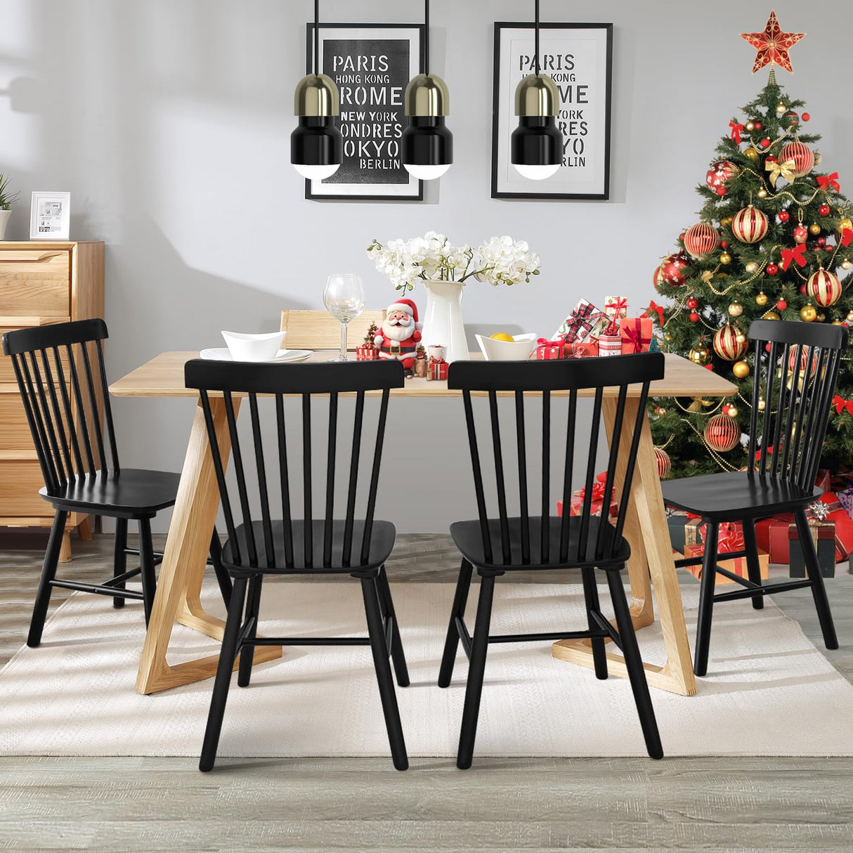 ClinQ Windsor Dining Chair Set of 4, Spindle Back Wooden Chairs for Kitchen and Dining Room, Farmhouse Country Wooden Dining Chairs for Dining Living Room, Farmhouse Restaurant, Black ClinQ
