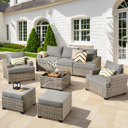 CAODOC Patio Furniture Sets 8 Pieces Outdoor Sectional Rattan Sofa Manual Weaving Wicker Patio Conversation Set with Solar Powered Coffee Table and T Cushion(Dark Grey) - WoodArtSupply