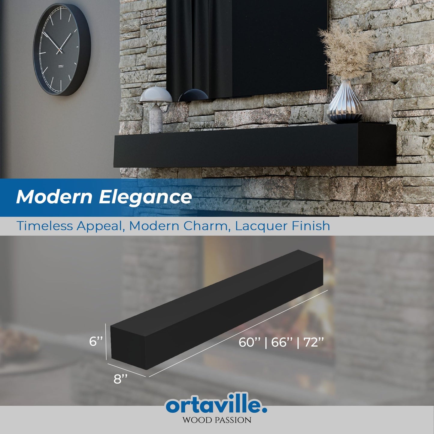 Ortaville Fireplace Mantel, Modern Design, Matte Lacqeur Finish, Wall-Mounted Floating Shelf (72", Black)