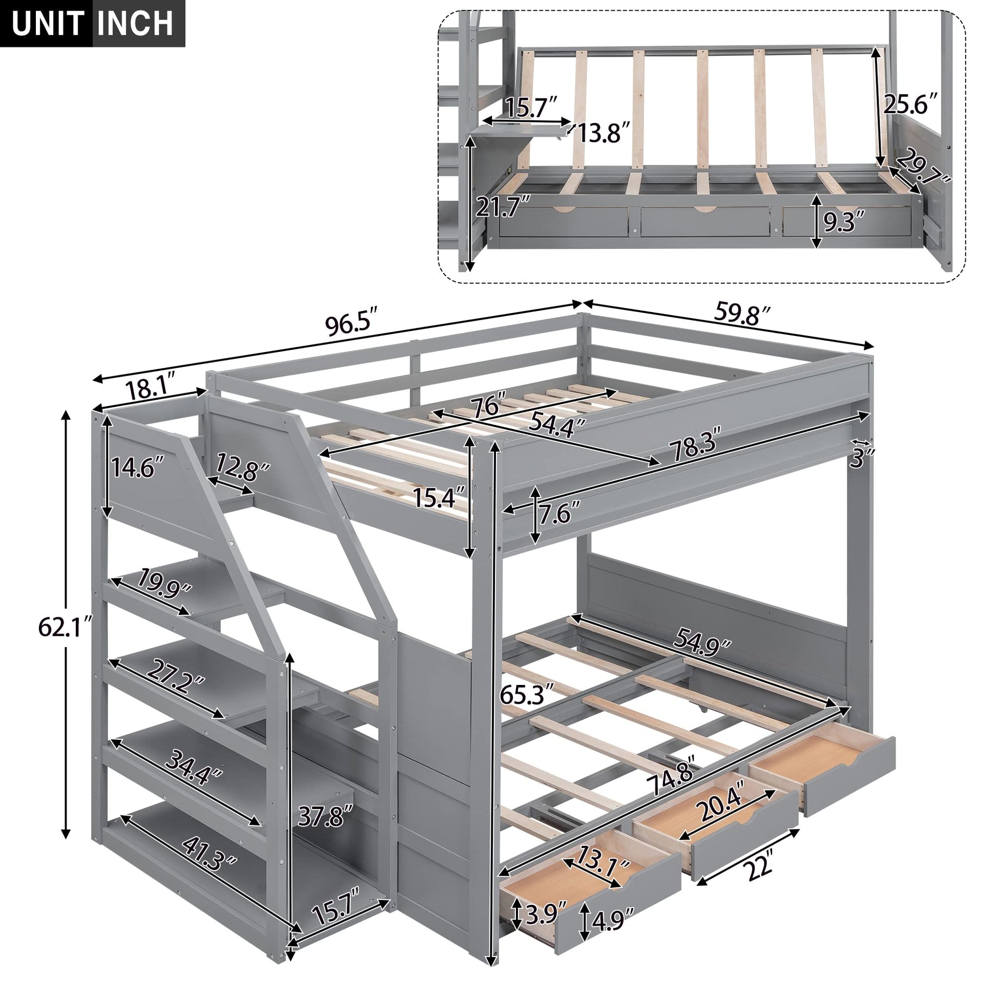 Convertible Full over Full Futon Bunk Bed with Stairs, Built-in Shelf, and Drawers in Grey - Harper & Bright Designs - WoodArtSupply