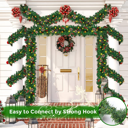 Mduvoz Christmas Garland, 12FT Prelit Christmas Garland with 100 LED Lights, Greenery Xmas Garland with 20 Pine Cones 90 Red Berry Christmas Decoration for Indoor Outdoor Home Mantel Fireplace