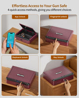 BILLCONCH Gun Safe for Handgun - Biometric Pistol Safe 4 Ways Quick Access with Fingerprint/Full-digital Keypad/Key/APP Lock and Security Cable for Nightstand Bedside Home - Burgundy Red BILLCONCH