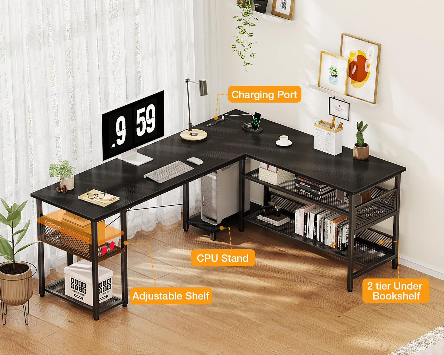 ODK 66" L Shaped Desk with Power Outlet and USB Charging Ports, Reversible L Shaped Computer Desk with Storage Shelves, Home Office Desk, Gaming Desk, Corner Desk, Black