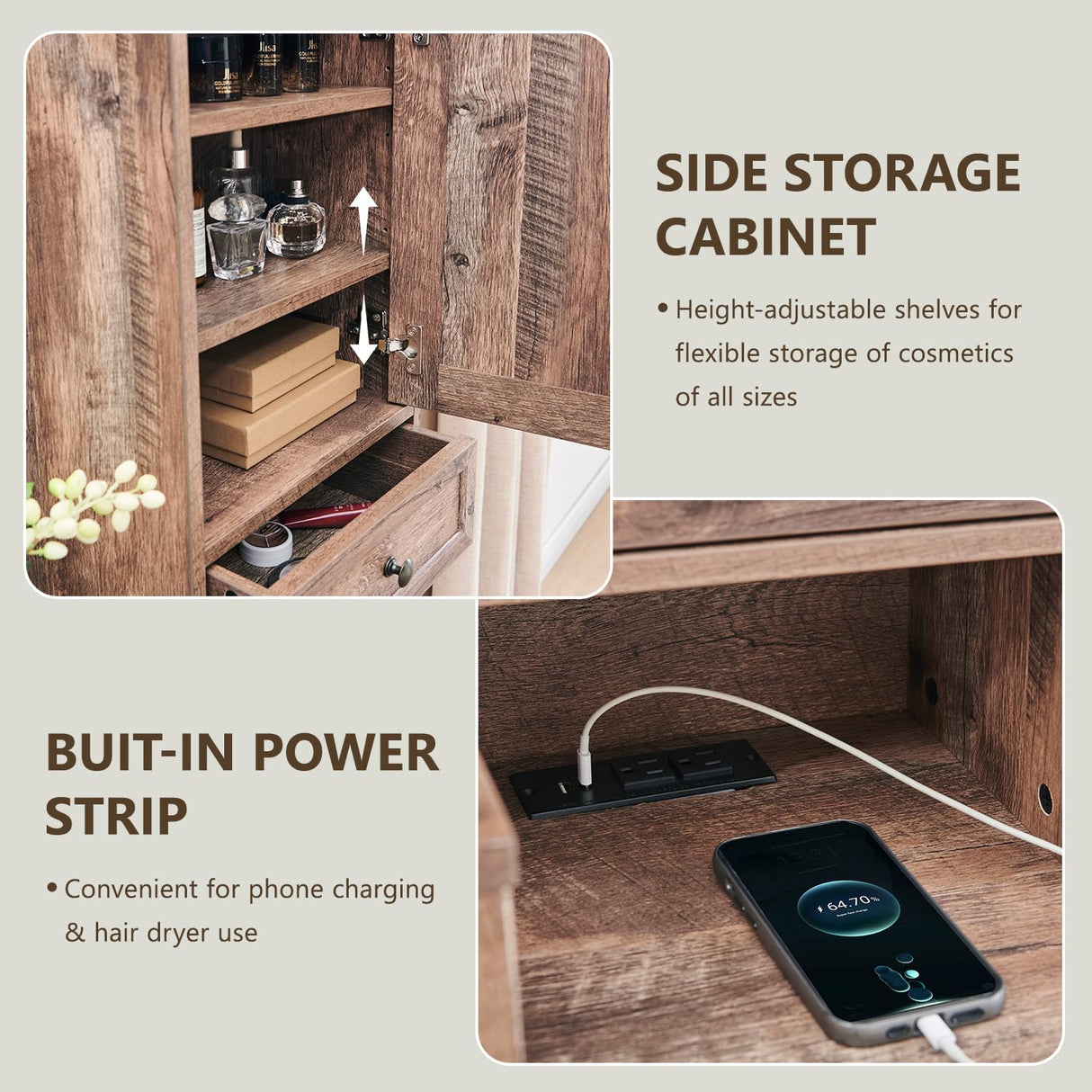 Aitjunz Farmhouse Vanity Desk with Touch Screen LED Mirror, 47" Big Make Up Table with 6 Drawers, Glass Top, Charging Station, Rustic Wood Dressing Table w/3 Color Available, Light Brown Aitjunz