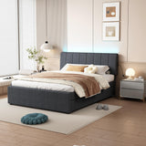 Ball & Cast Full Size Upholstered Platform Bed with Twin Size Trundle & USB Port,Linen Tufted Bed Frame W/Remote Control LED Light & Stripe Headboard,Wood Slats Support for Bedroom,Apartment,Dark Gray Ball & Cast