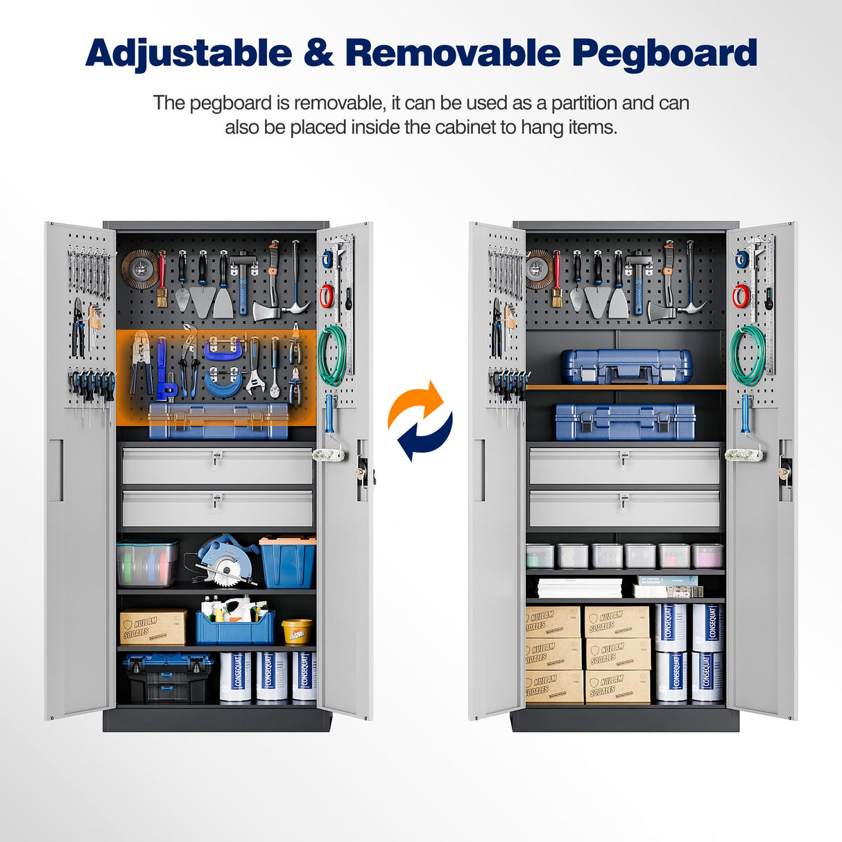 Yizosh Metal Garage Storage Cabinet with Locking Doors and 2 Drawers, Heavy Duty Steel Tool Cabinet with Pegboard, 71" - Lockable Cabinets for Garage, Warehouse, Basement (Black Gray) Yizosh