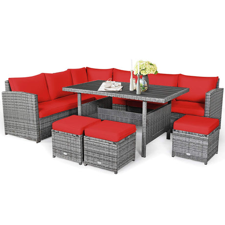 Tangkula 7 Pieces Patio Furniture Set, Outdoor Sectional Rattan Sofa Set with Cushions, All Weather Wicker Conversation Couch Set w/Dining Table & Ottomans for Backyard Garden Poolside Tangkula