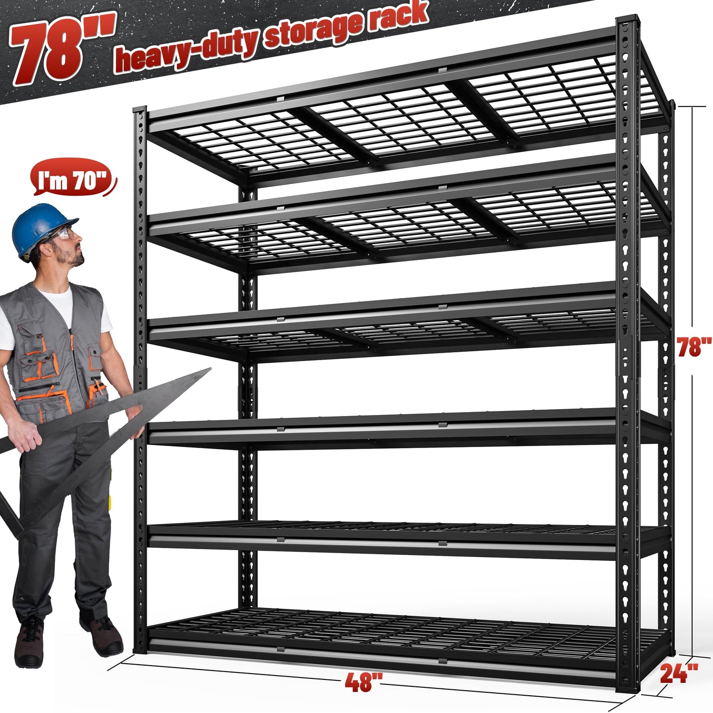 REIBII 48" W Garage Shelving 3600LBS Heavy Duty Storage Shelves, Adjustable 6 Tier Metal Shelves for Storage Rack Industrial Shelving, Garage Storage Shelf Unit, 48" W x 24" D x 78" H