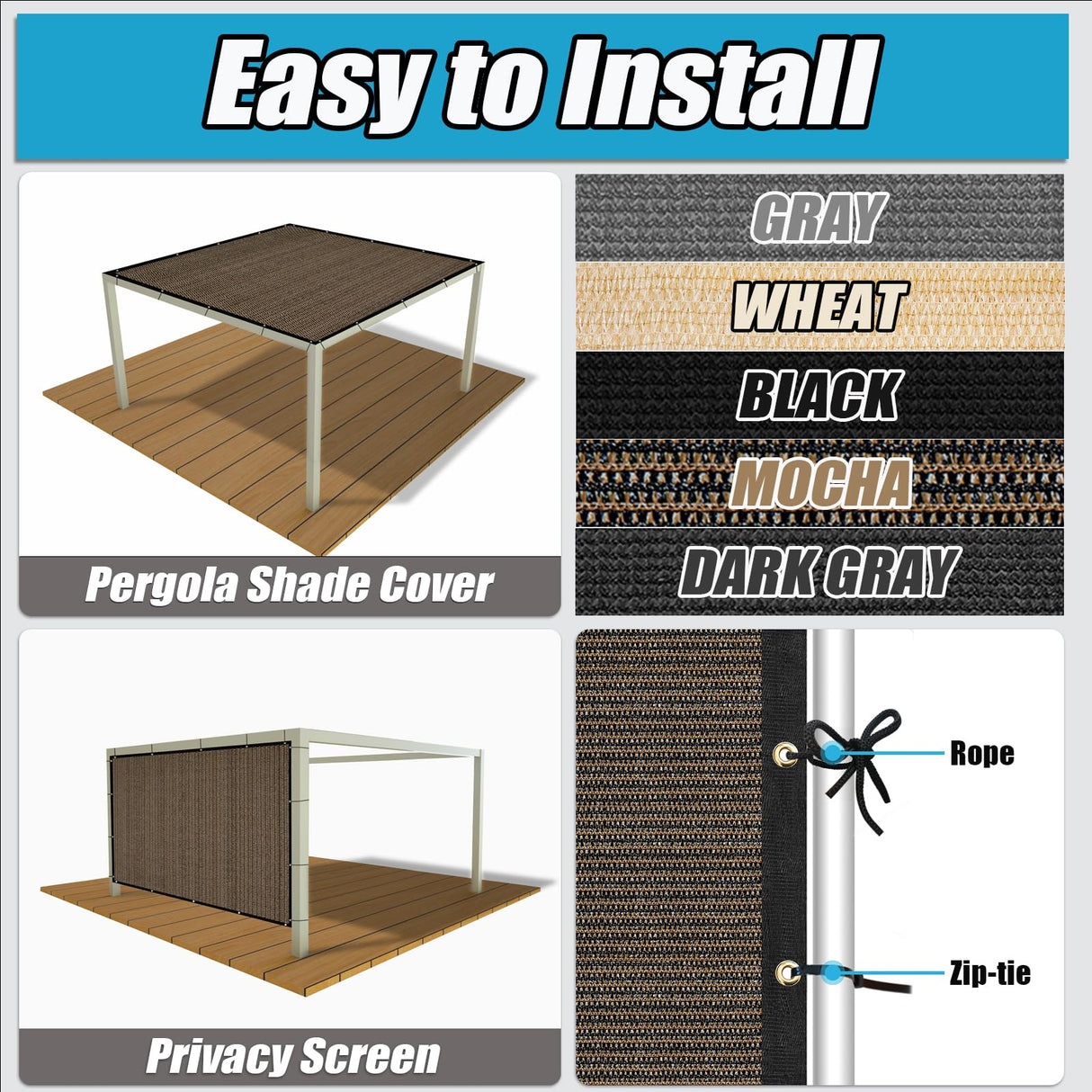 Amagenix 90% Pergola Shade Cover 10'X 18' Mocha Sun Shade Cloth with Grommets GN09 for Outdoor Garden Patio Porch, Commercial Grade 200 GSM - Cable Zip Ties Included (We Customized) Amagenix