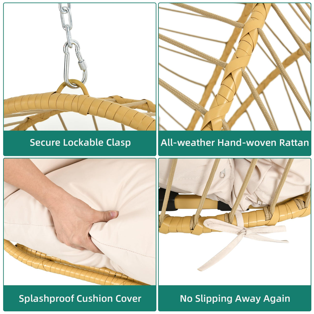 YITAHOME Hanging Egg Chair Without Stand, Rattan Wicker Swing Egg Chair with Resistant Cushion, 300lbs Capacity, Foldable Hanging Basket Chair for Porch, Garden, Bedroom, Balcony - Beige YITAHOME