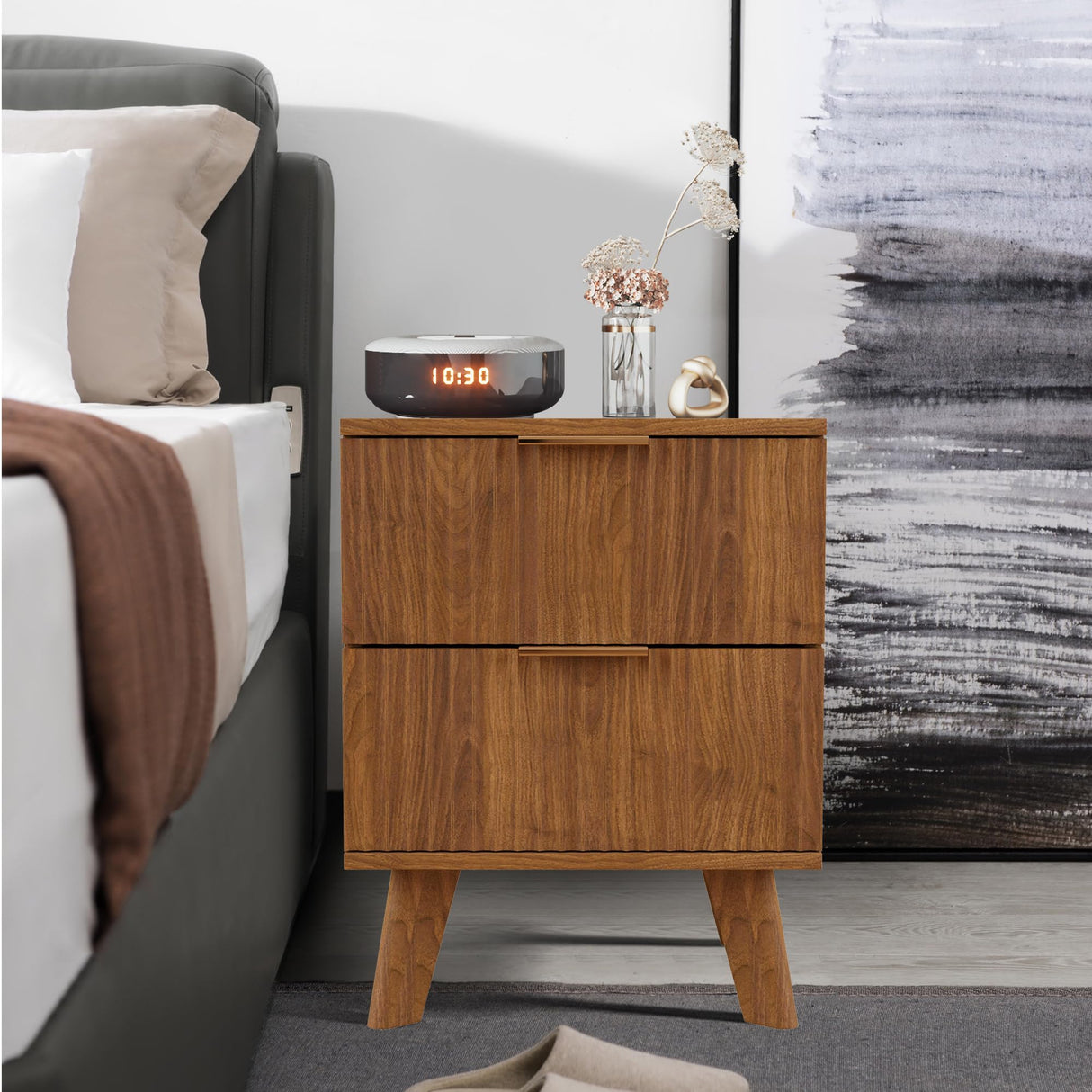 Nightstands Set of 2 with Drawers, Modern Large Striped Bed Side Table with 2 Drawers, Mid Century Modern Night Stand with 2 Drawers, Bedside Table End Table with 2 Drawers & Solid Wood Legs (Walnut) affeivul