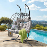 Patiorama 2 Person Double Egg Swing Chair with Stand Indoor Outdoor, Patio Wicker Rattan Hanging Egg Chair w/Cushion, Pillow, Foldable Hammock Chair 550lbs for Bedroom, Balcony, Garden (Light Grey) Patiorama
