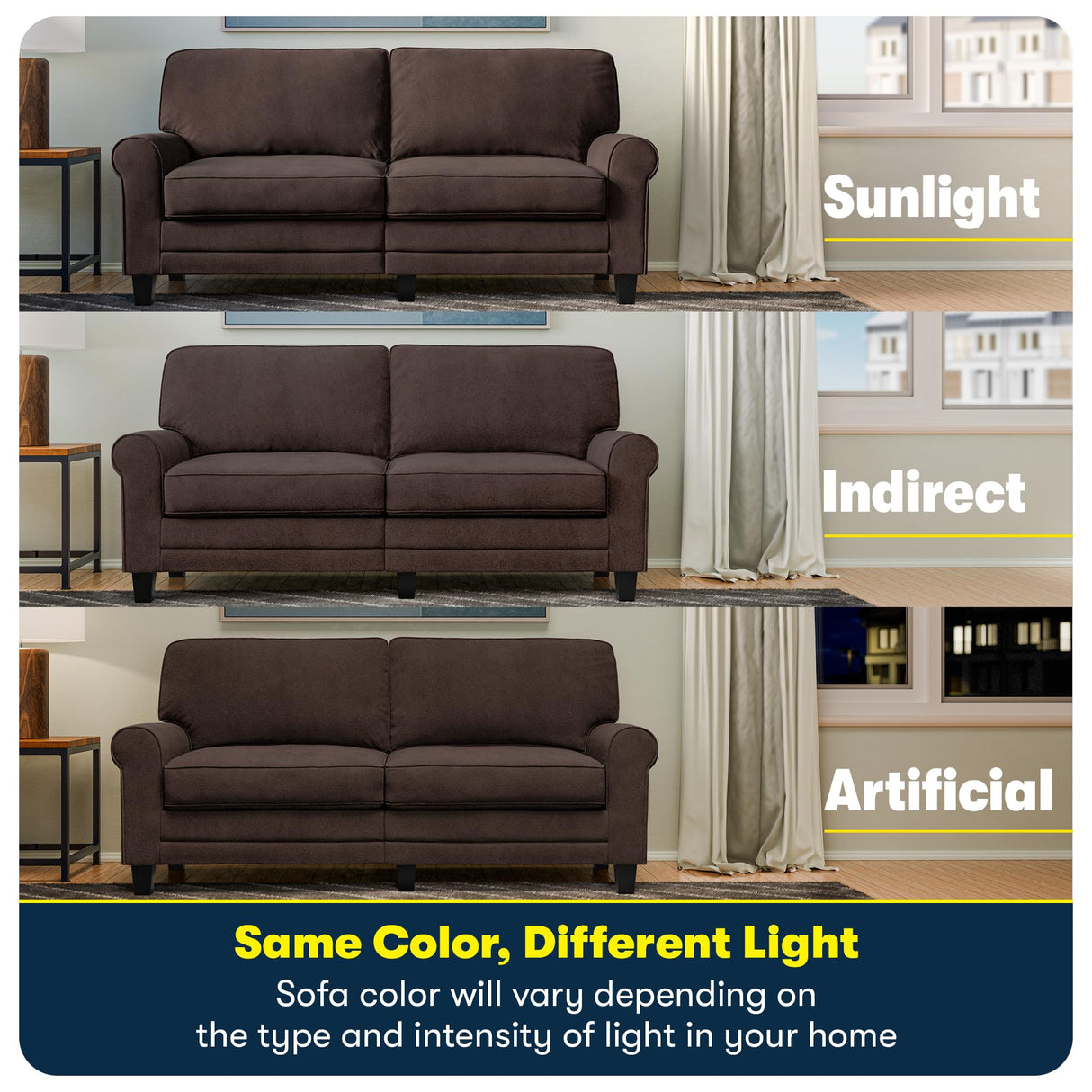 Serta Copenhagen 61" Rolled Arm Sofa, Easy Care Polyester, Soft Pillow Back, Pocket Coil Seat Cushions, Removable Covers, Loveseat or Couch for Small Spaces, Living Rooms or Bedrooms, Dark Brown Serta