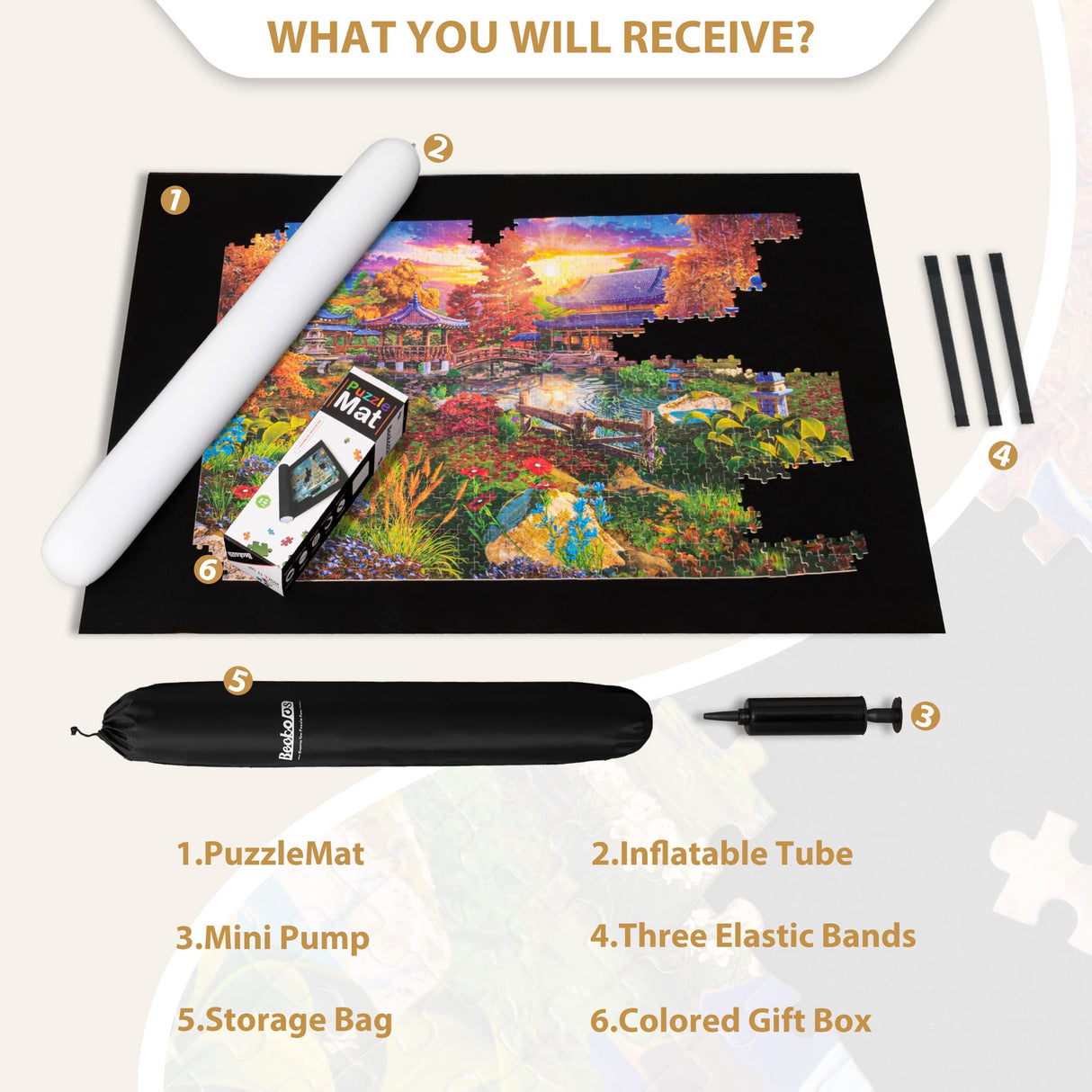 Becko US 3000 Piece Puzzle Mat Roll Up with Drawstring Bag & Black Pump, Jigsaw Felt Mat with Anti-Leak Tube & 3 Elastic Bands for Easy Storage, Portable Puzzle Keeper for 3000 2000 1500 1000 Pieces Becko US