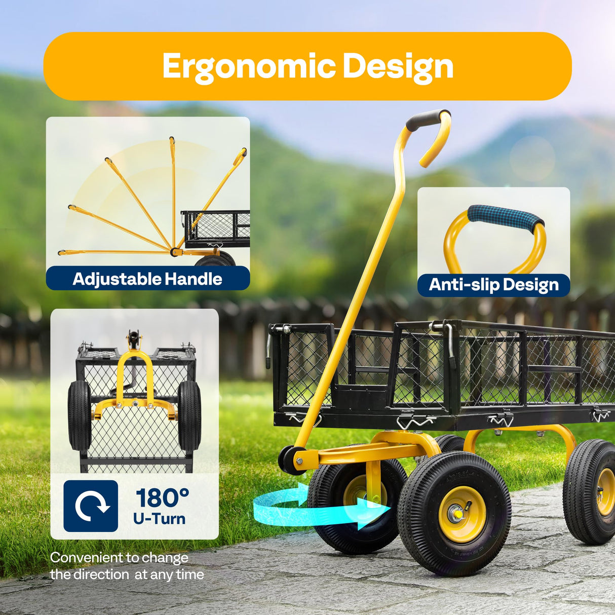 VIVOHOME Heavy Duty 880 Lbs Capacity Mesh Steel Garden Cart Folding Utility Wagon with Removable Sides and 4.10/3.50-4" Wheels 10 inch Tire (Black) VIVOHOME