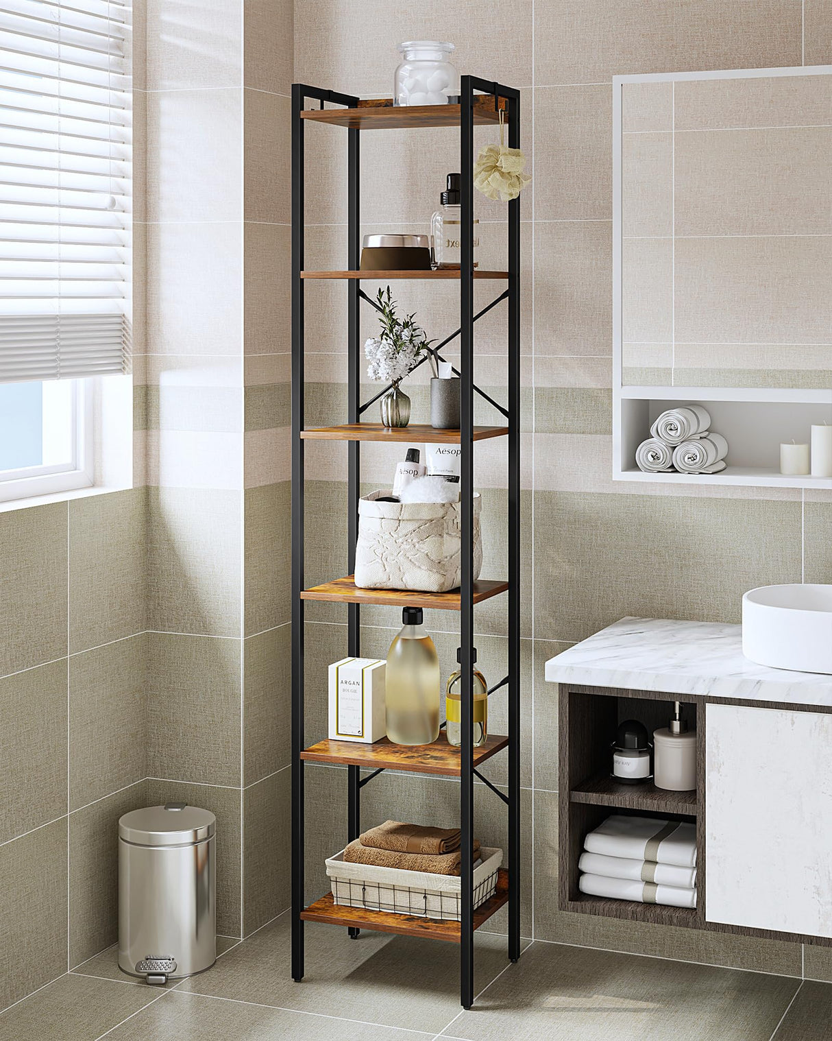 Hzuaneri 6-Tier Rustic Brown Industrial Bookshelf with Hooks for Space-Saving Storage Hzuaneri