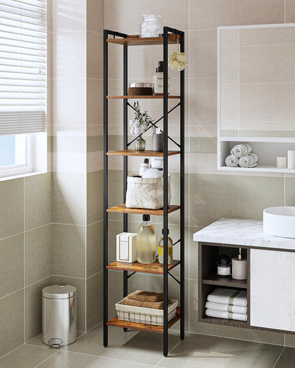 Hzuaneri 6-Tier Rustic Brown Industrial Bookshelf with Hooks for Space-Saving Storage - WoodArtSupply