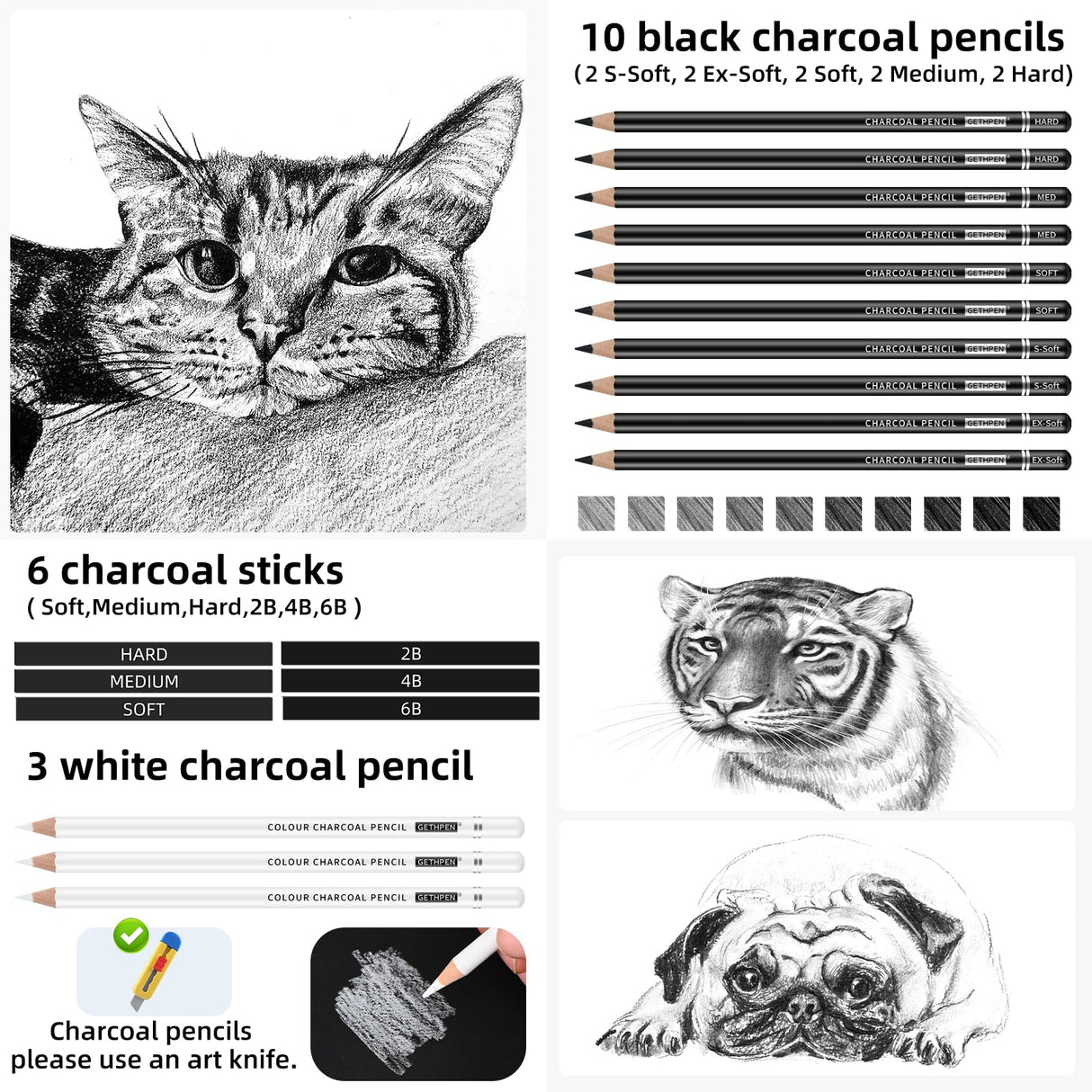 27 Piece Charcoal Drawing Set - Professional Black & White Charcoal Pencils for Sketching, Shading & Blending, Graphite Sticks with Artist Art Supplies Kit (Beginners & Professionals) GETHPEN