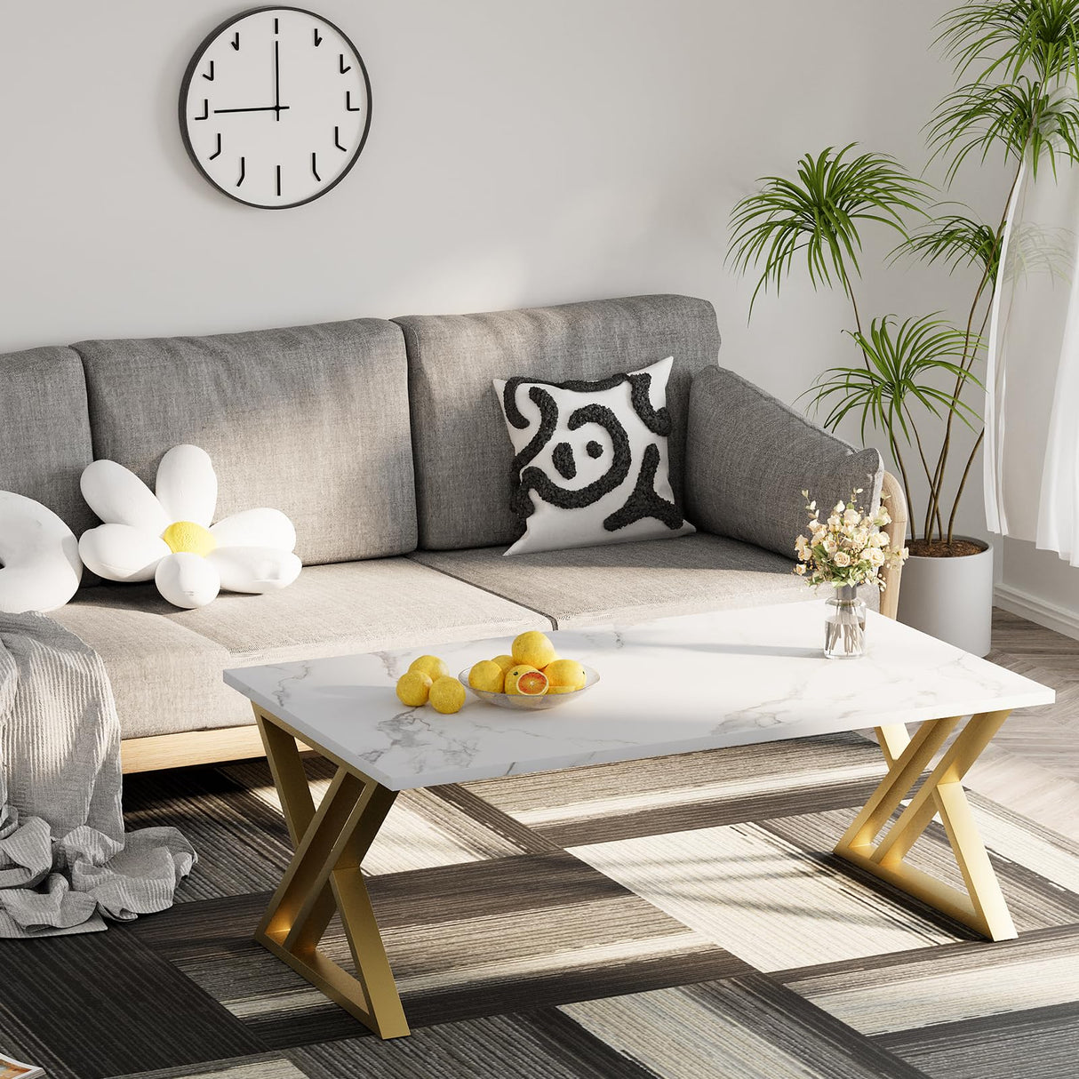Wolawu Coffee Table Living Room Table White Center Table, Simple Modern Faux Marble Rectangular Tea Tables with Sturdy Gold Metal Frame,Industrial Wooden Coffee Table for Bedroom Home Office Wolawu