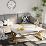 Wolawu Coffee Table Living Room Table White Center Table, Simple Modern Faux Marble Rectangular Tea Tables with Sturdy Gold Metal Frame,Industrial Wooden Coffee Table for Bedroom Home Office Wolawu
