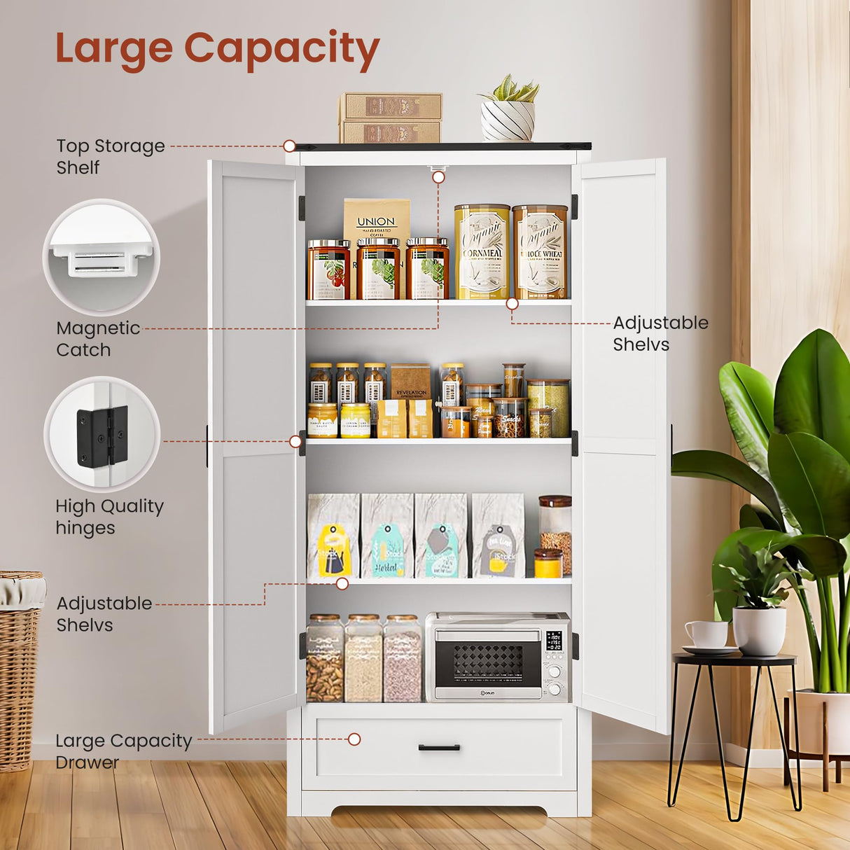 Pamapic 71" Tall Kitchen Pantry Cabinet,Farmhouse Kitchen Pantry,Large Wooden Storage Cabinet with Drawers & Shelves,Wood Kitchen Storage Cabinets with 2 Barn Doors for Kitchen, Dining Room,White Pamapic