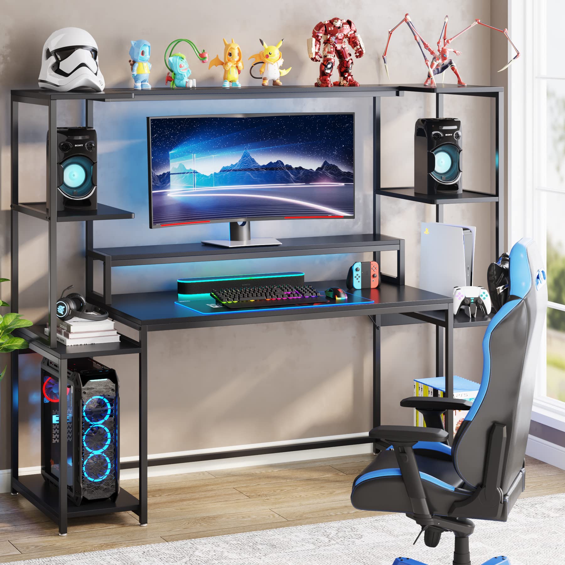 Tribesigns 70 -inch Rustic Computer Desk with Hutch and Shelf, Modern Large Gaming Desk with Monitor Stand, Gamer Table Workstation for Home Office,Carbon Fiber Desktop (Black) - WoodArtSupply